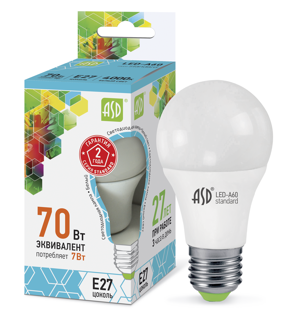 ***Лампа светодиодная LED-A60-standard 7Вт 220В Е27 6500К 600Лм ASD